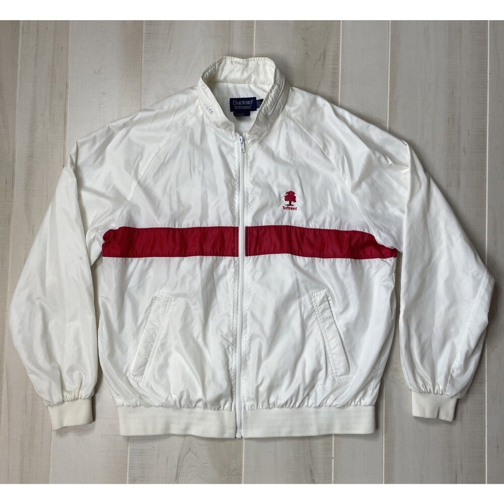 Mens Duckster ProGroup Windbreaker Hooded Size XL White & Red Nylon Vintage 80's